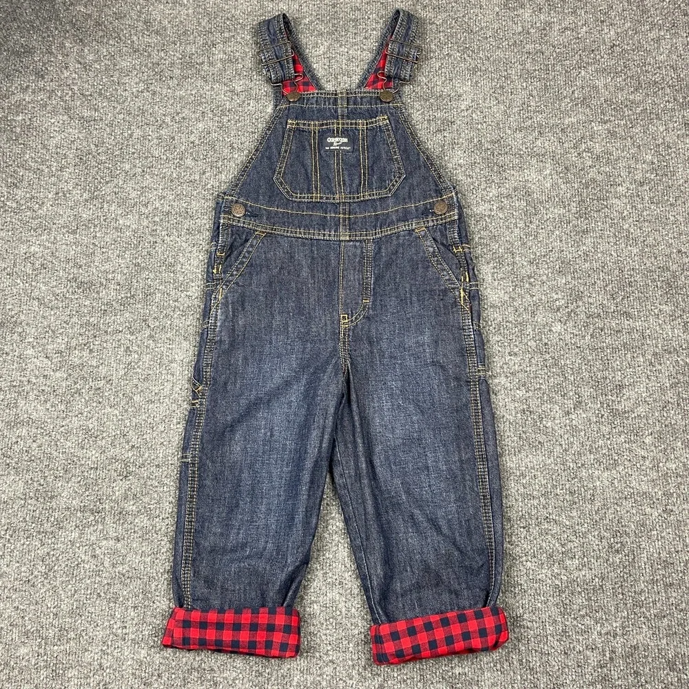 OshKosh B'gosh Toddler Denim Overalls Size 4T Red Plaid Flannel Lined Pockets
